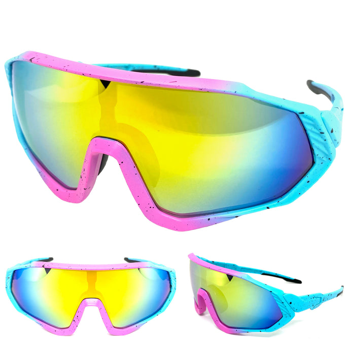 Oversized Retro Sporty Wrap Around Style SUNGLASSES Large Baby Blue & Pink Frame 5311