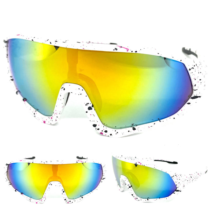 Oversized Retro Sporty Wrap Around Style SUNGLASSES Large White Frame 5311