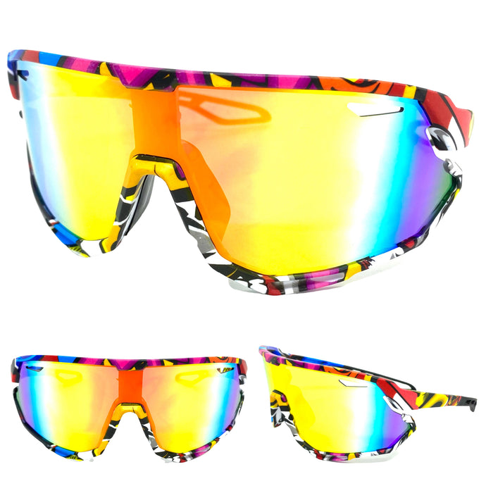 Oversized Retro Sporty Wrap Around Style SUNGLASSES Large Graffiti Frame 5318