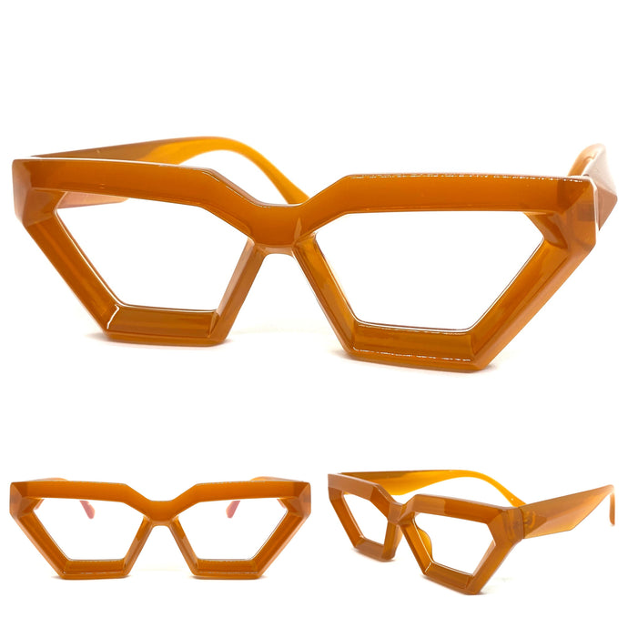 Exaggerated Modern Retro Cat Eye Style Clear Lens EYEGLASSES Thick Caramel Optical Frame - RX Capable 4079