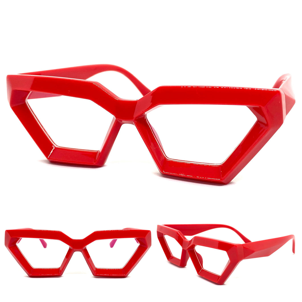 Exaggerated Modern Retro Cat Eye Style Clear Lens EYEGLASSES Thick Red Optical Frame - RX Capable 4079