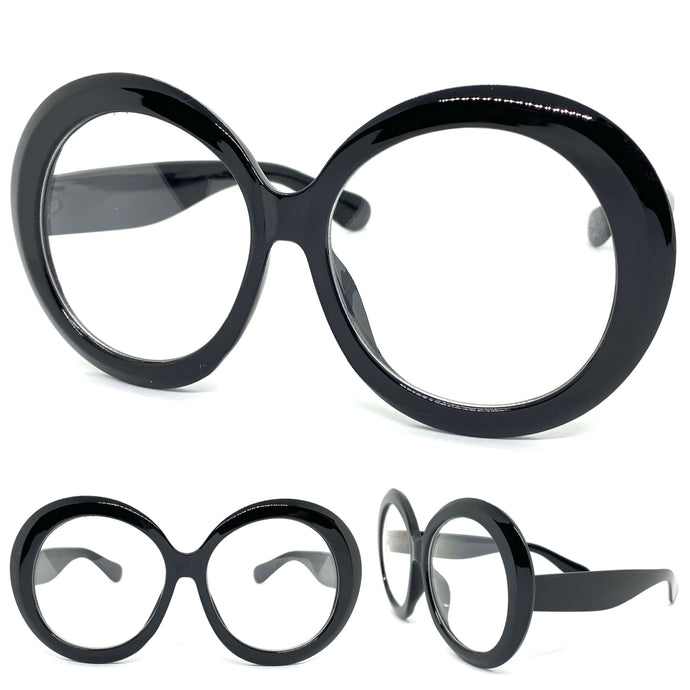 Oversized Exaggerated Vintage Retro Style Clear Lens EYEGLASSES Large Round Black Optical Frame - RX Capable 9240