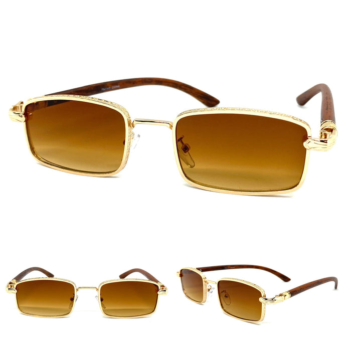 Men's Classy Elegant Luxury Modern SUNGLASSES Gold & Faux Wood Frame 7541