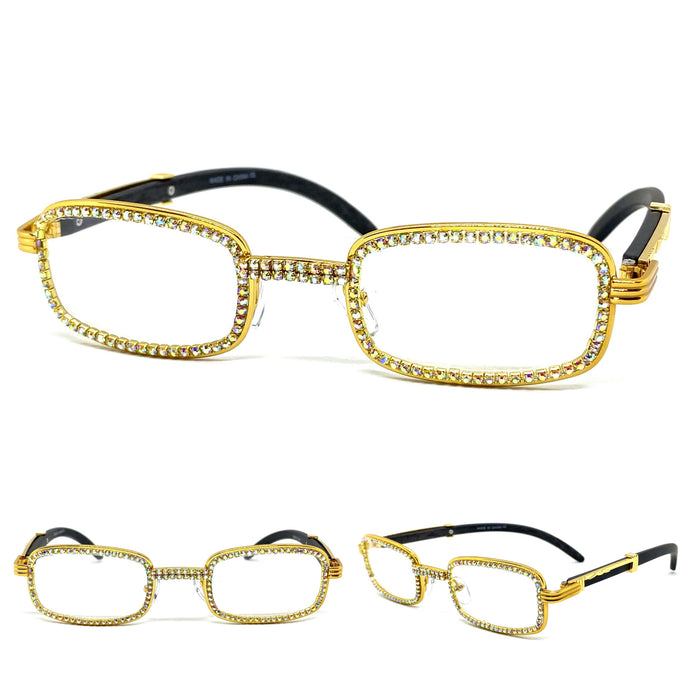 Men's Classy Elegant Luxury Modern CLEAR LENS EYEGLASSES Gold & Faux Wood Frame E0603