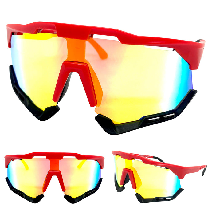 Oversized Retro Sporty Wrap Around Style SUNGLASSES Large Red Frame 58933