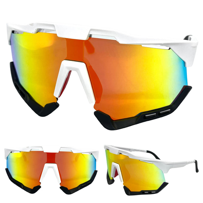 Oversized Retro Sporty Wrap Around Style SUNGLASSES Large White Frame 58933