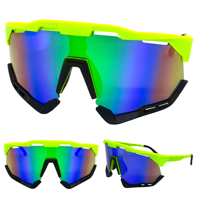 Oversized Retro Sporty Wrap Around Style SUNGLASSES Large Neon Green Frame 58933