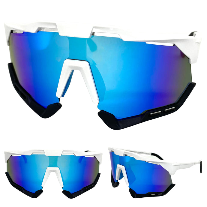 Oversized Retro Sporty Wrap Around Style SUNGLASSES Large White Frame 58933