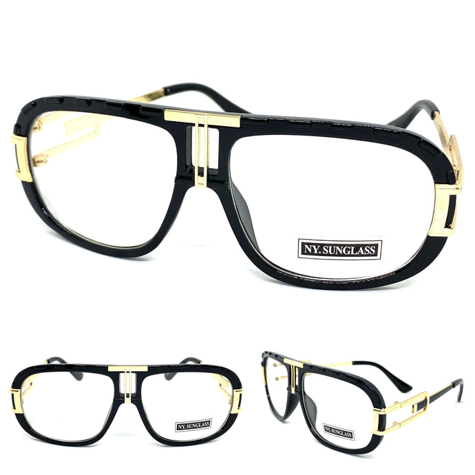 Men's Classic Vintage Retro Hip Hop Style Clear Lens EYEGLASSES Black & Gold Frame 8266