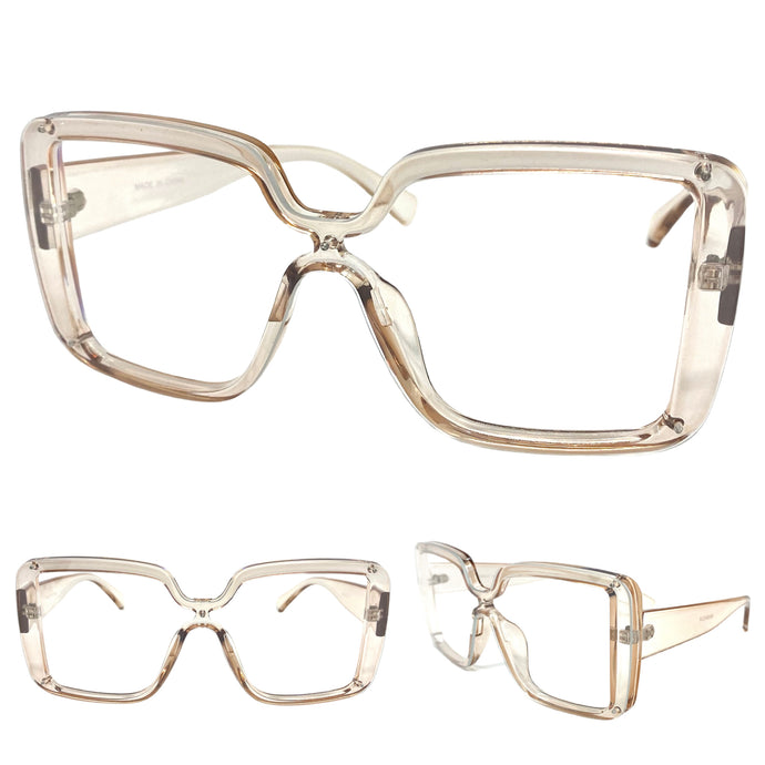 Oversized Modern Retro Style Clear Lens EYEGLASSES Large Champagne Frame 89390