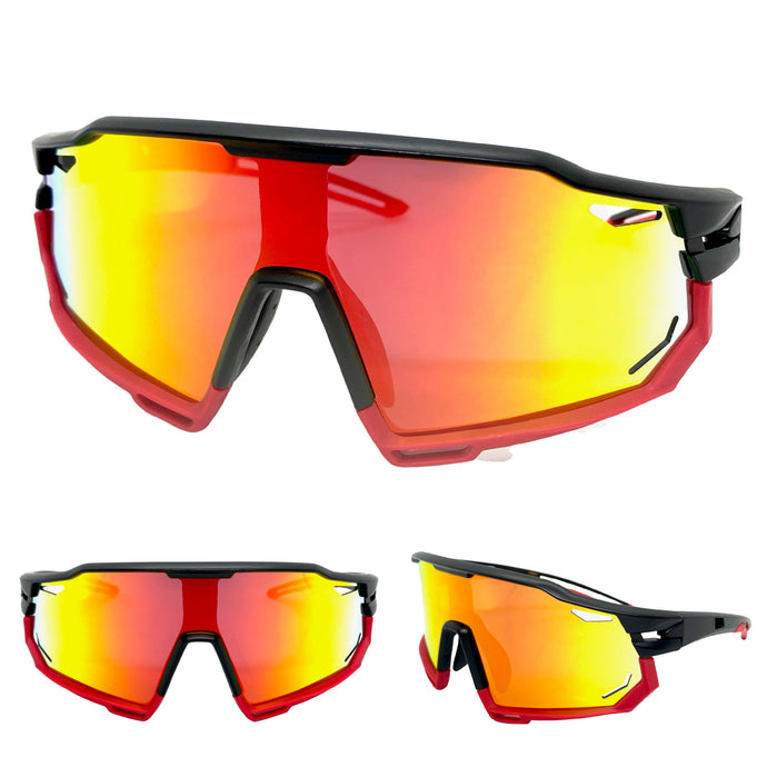 Oversized Retro Sporty Wrap Around Style SUNGLASSES Large Black & Red Frame BP0182