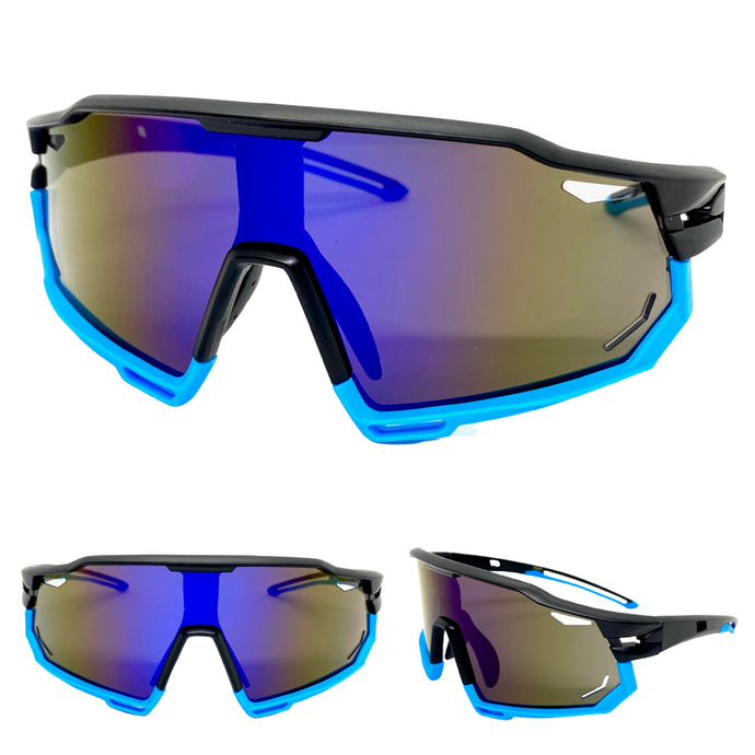 Oversized Retro Sporty Wrap Around Style SUNGLASSES Large Black & Blue Frame BP0182