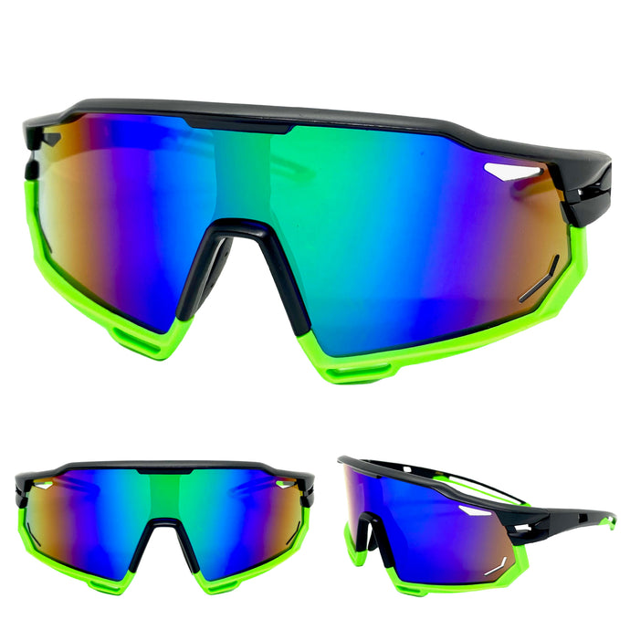 Oversized Retro Sporty Wrap Around Style SUNGLASSES Large Black & Neon Green Frame BP0182