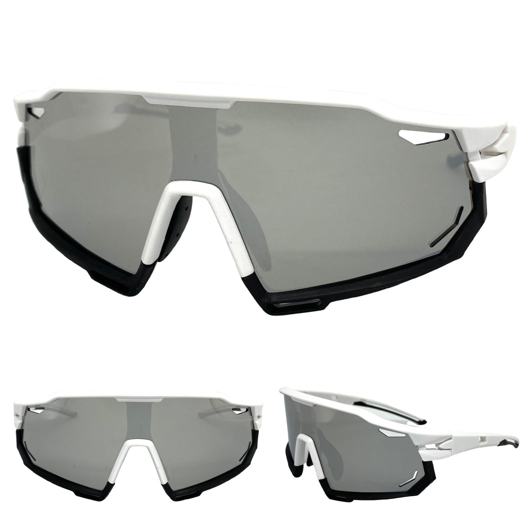 Oversized Retro Sporty Wrap Around Style SUNGLASSES Large White & Black Frame BP0182