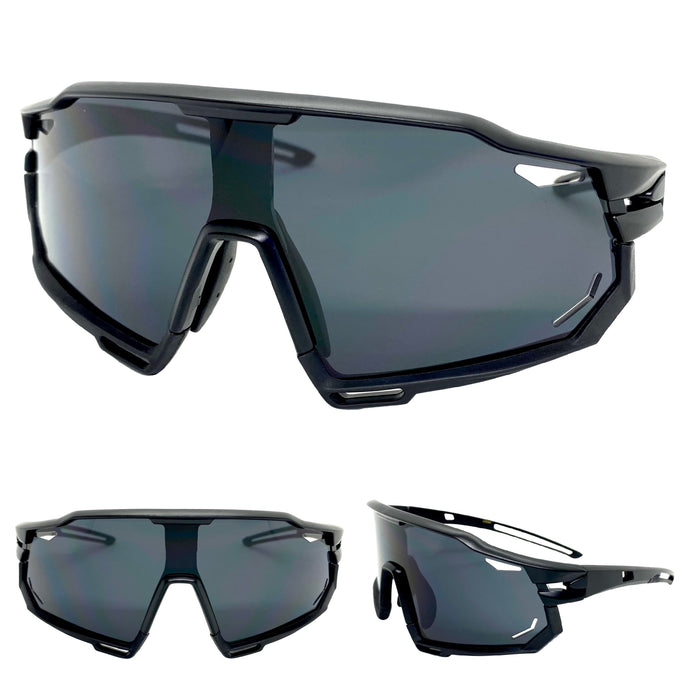 Oversized Retro Sporty Wrap Around Style SUNGLASSES Large Black Frame BP0182