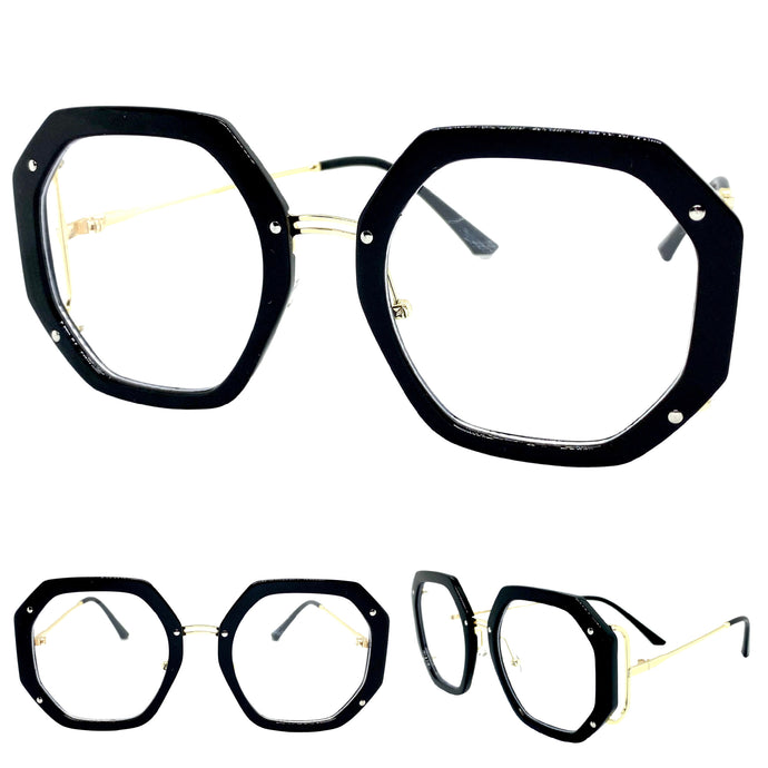 Oversized Vintage Retro Style Clear Lens EYEGLASSES Large Black & Gold Optical Frame - RX Capable 68082