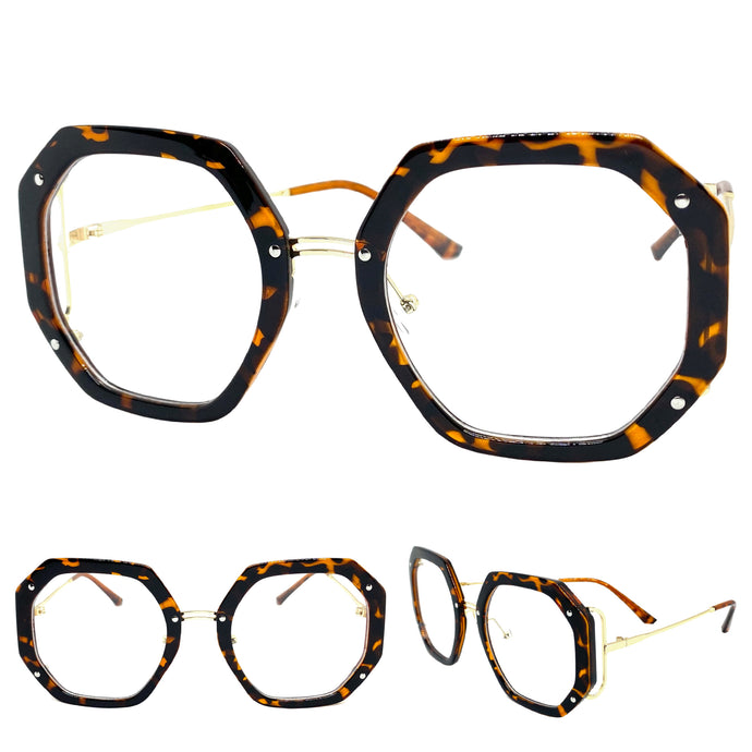 Oversized Vintage Retro Style Clear Lens EYEGLASSES Large Tortoise & Gold Optical Frame - RX Capable 68082