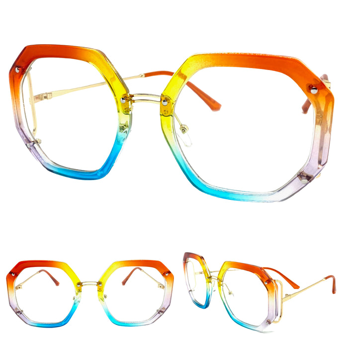 Oversized Vintage Retro Style Clear Lens EYEGLASSES Large Rainbow & Gold Optical Frame - RX Capable 68082