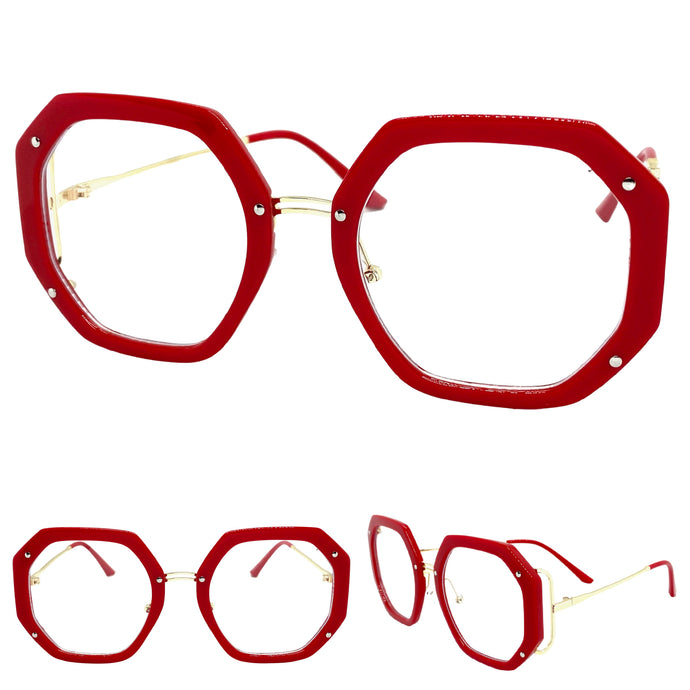 Oversized Vintage Retro Style Clear Lens EYEGLASSES Large Red & Gold Optical Frame - RX Capable 68082