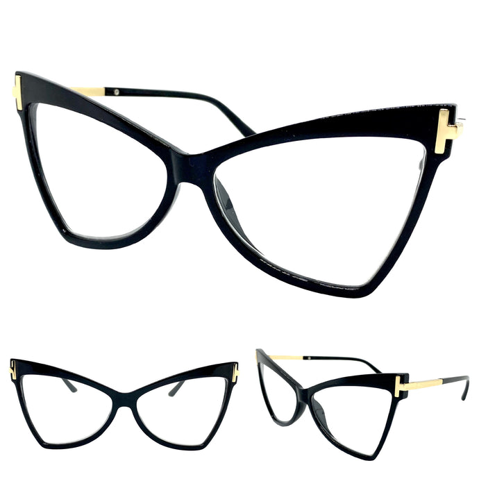 Oversized Retro Cat Eye Style Clear Lens EYEGLASSES Large Black Optical Frame - RX Capable 1350