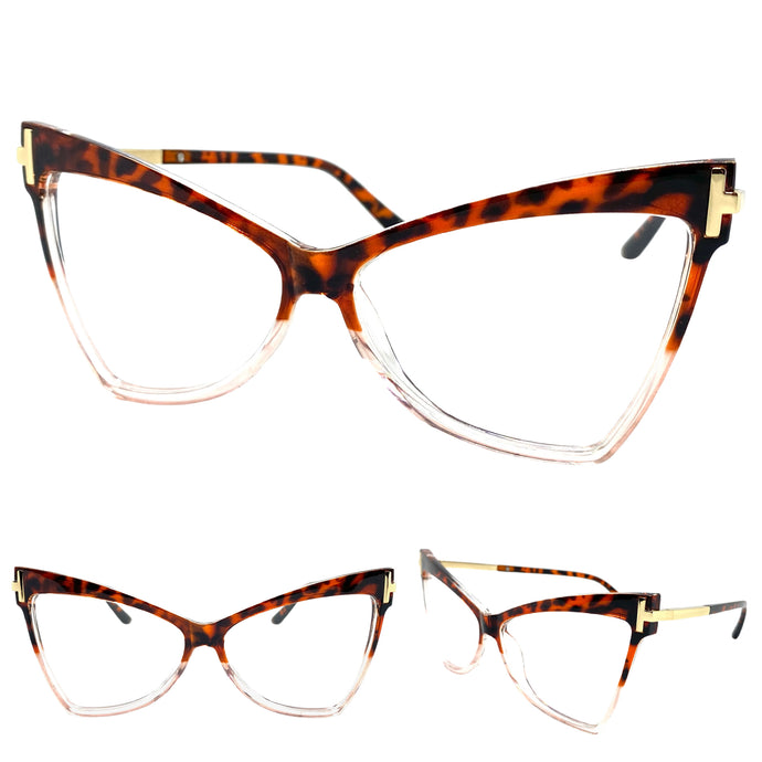 Oversized Retro Cat Eye Style Clear Lens EYEGLASSES Large Tortoise Optical Frame - RX Capable 1350