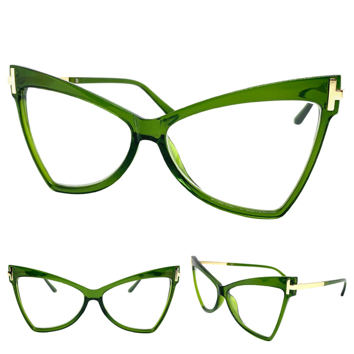 Oversized Retro Cat Eye Style Clear Lens EYEGLASSES Large Green Optical Frame - RX Capable 1350