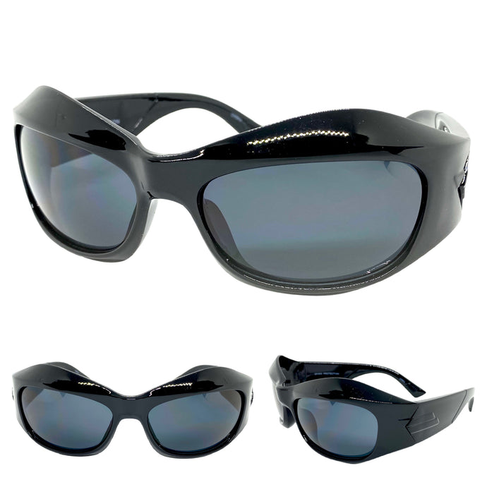 Oversized Retro Sporty Wrap Around Style SUNGLASSES Large Black Frame 80500