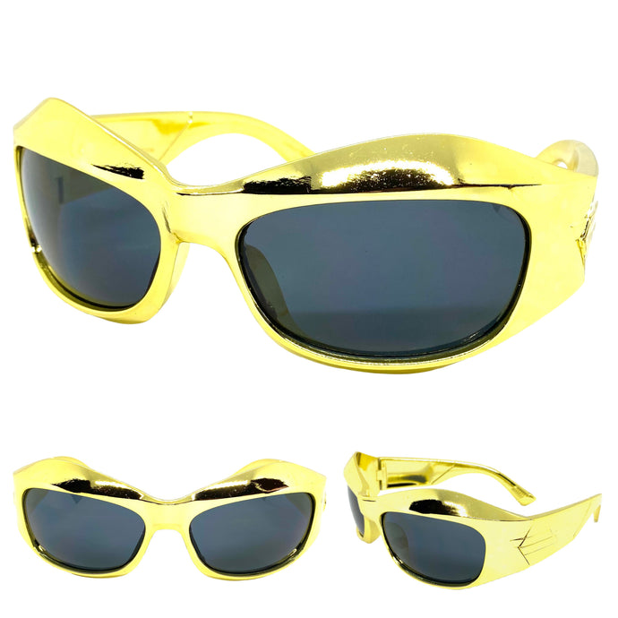 Oversized Retro Sporty Wrap Around Style SUNGLASSES Large Gold Chrome Frame 80500