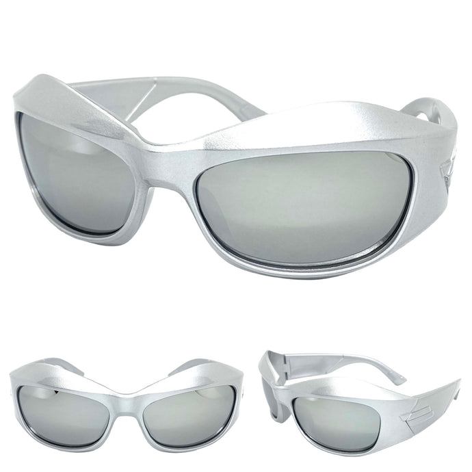 Oversized Retro Sporty Wrap Around Style SUNGLASSES Large Silver Frame 80500