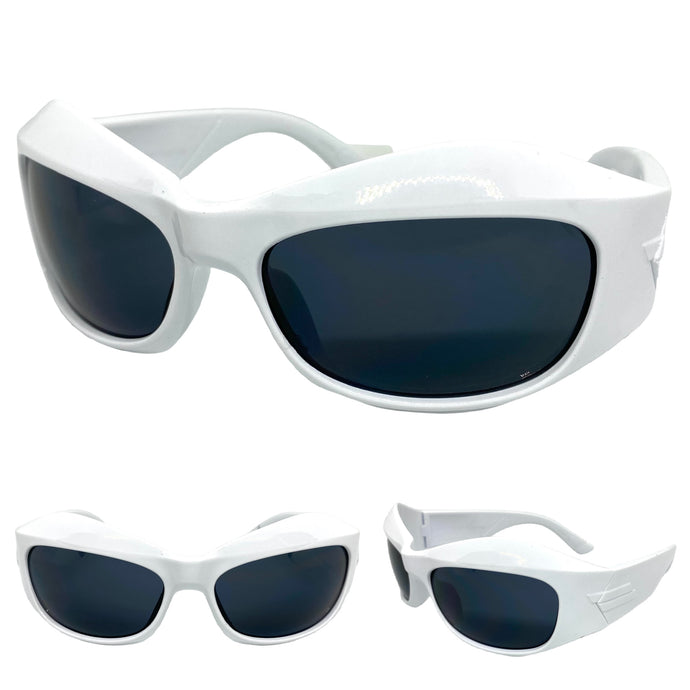 Oversized Retro Sporty Wrap Around Style SUNGLASSES Large White Frame 80500