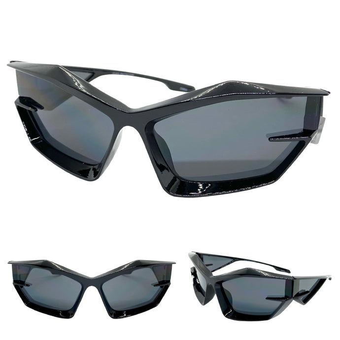 Oversized Modern Futuristic Sporty Wrap SUNGLASSES Large Black Frame 80418