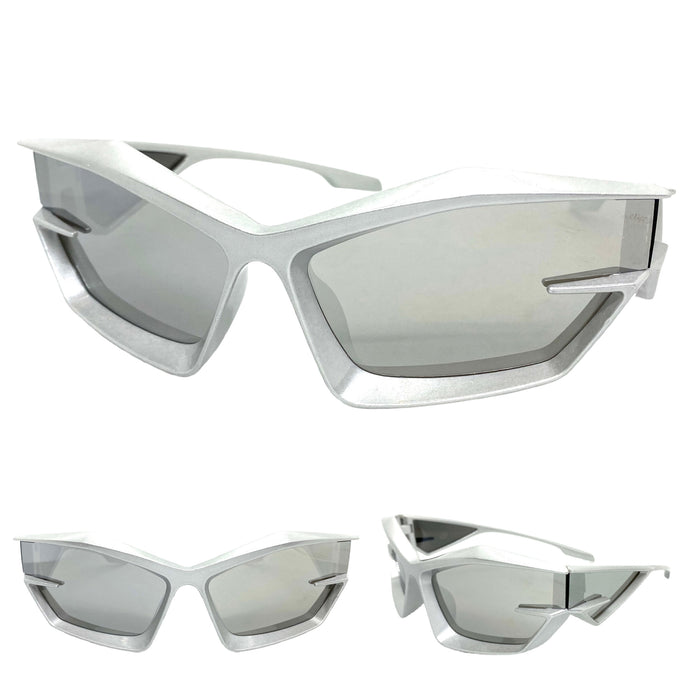 Oversized Modern Futuristic Sporty Wrap SUNGLASSES Large Silver Frame 80418