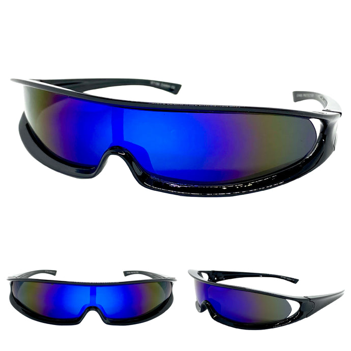 Modern Futuristic Robotic Cyclops Shield Style Party SUNGLASSES - Black Frame ST156