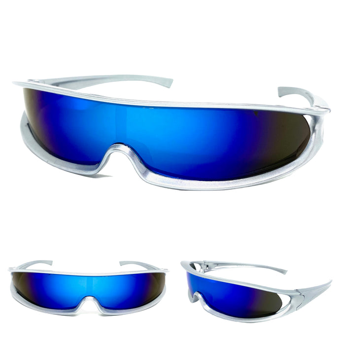 Modern Futuristic Robotic Cyclops Shield Style Party SUNGLASSES - Silver Frame ST156
