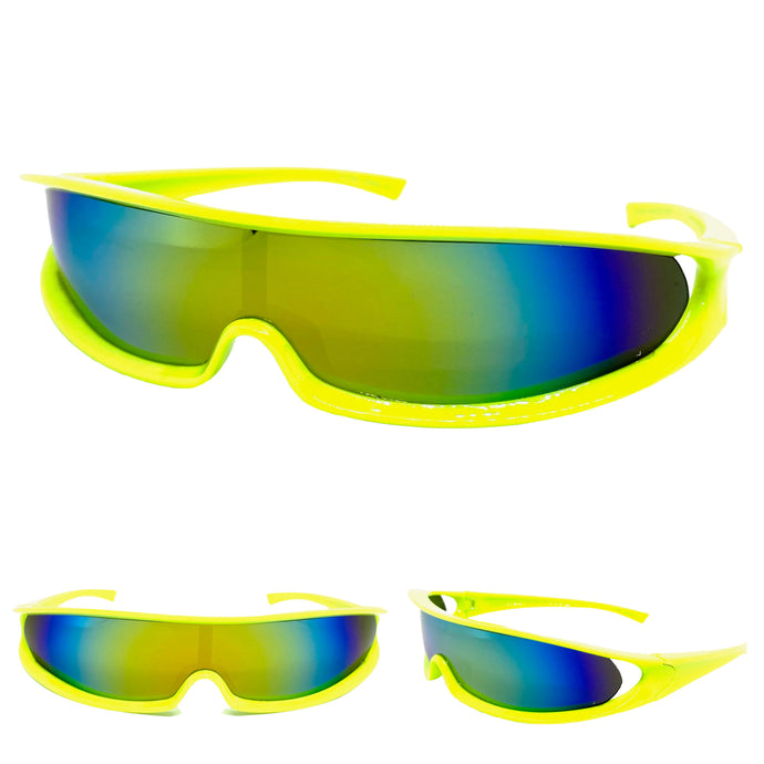 Modern Futuristic Robotic Cyclops Shield Style Party SUNGLASSES - Neon Yellow Frame ST156