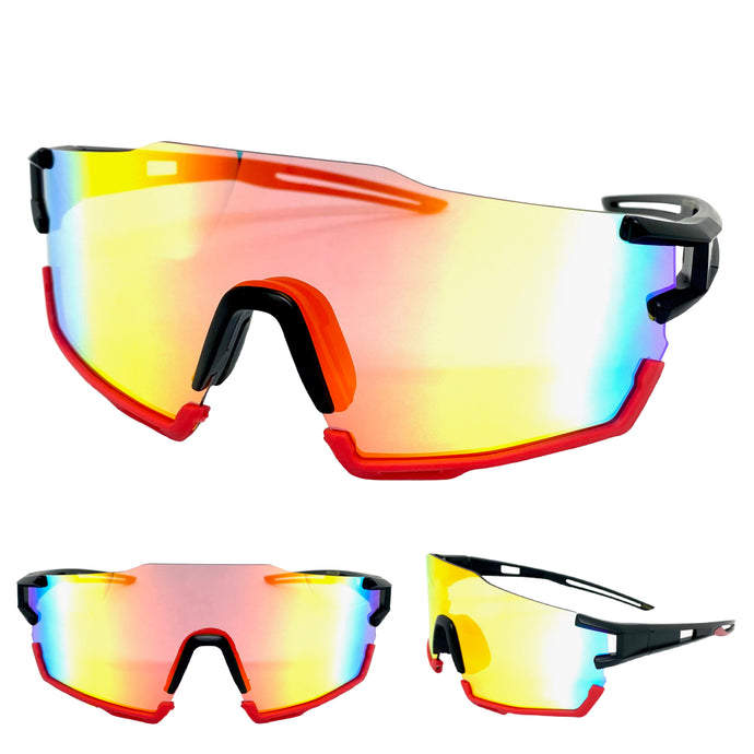 Oversized Retro Sporty Wrap Around Style SUNGLASSES Large Black & Red Frame BP0200