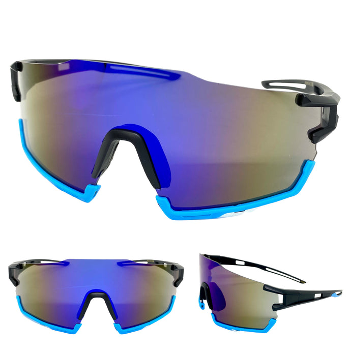 Oversized Retro Sporty Wrap Around Style SUNGLASSES Large Black & Blue Frame BP0200