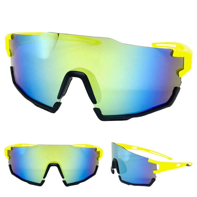 Oversized Retro Sporty Wrap Around Style SUNGLASSES Large Neon Yellow & Black Frame BP0200