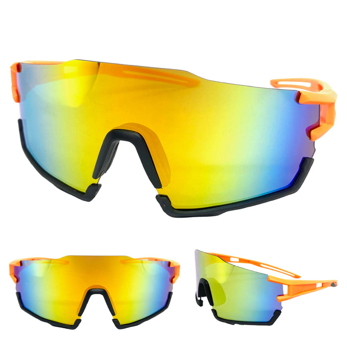 Oversized Retro Sporty Wrap Around Style SUNGLASSES Large Neon Orange & Black Frame BP0200