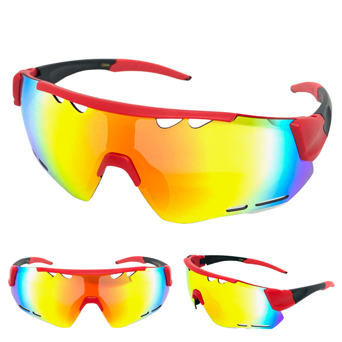 Oversized Sporty Wrap Around Style SUNGLASSES Large Red & Black Frame BP0201