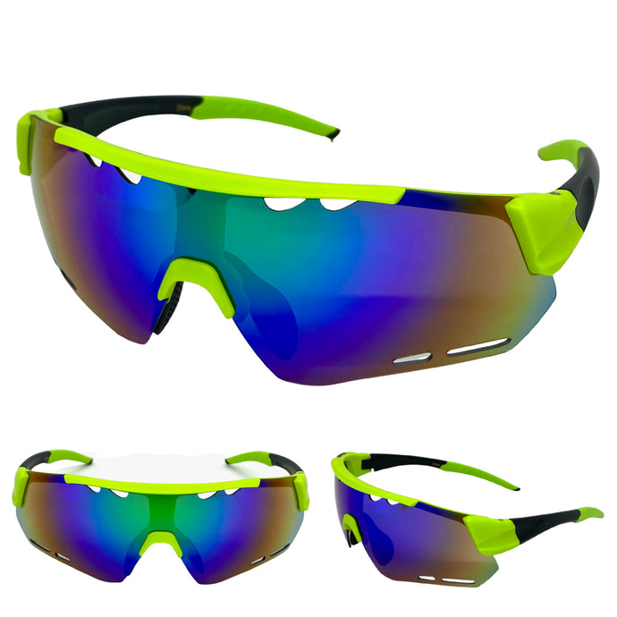 Oversized Sporty Wrap Around Style SUNGLASSES Large Neon Green & Black Frame BP0201