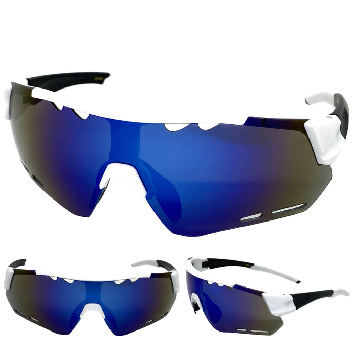 Oversized Sporty Wrap Around Style SUNGLASSES Large White & Black Frame BP0201