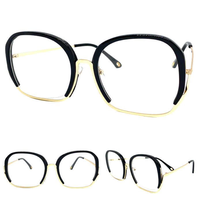 Oversized Vintage Retro Style Clear Lens EYEGLASSES Large Black & Gold Optical Frame - RX Capable 68040