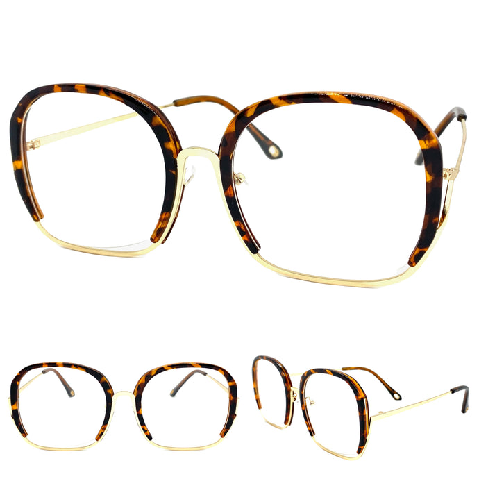 Oversized Vintage Retro Style Clear Lens EYEGLASSES Large Tortoise & Gold Optical Frame - RX Capable 68040