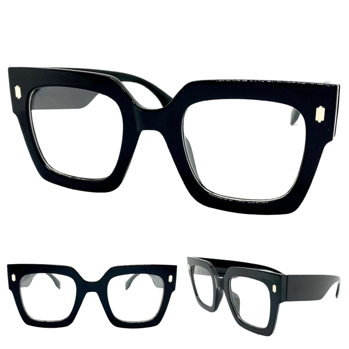 Oversized Vintage Retro Style Clear Lens EYEGLASSES Large Thick Black Optical Frame - RX Capable 2701