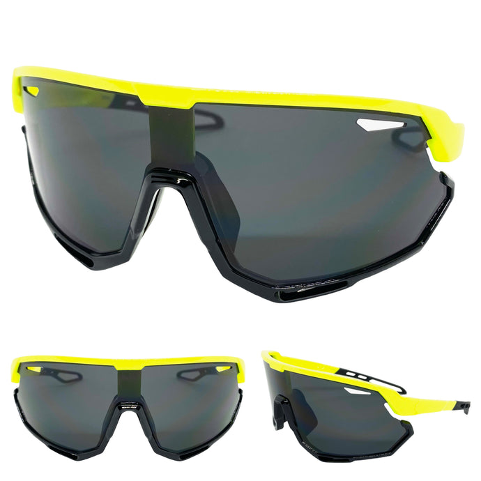 Oversized Retro Sporty Wrap Around Style SUNGLASSES Large Neon Yellow Frame 80379