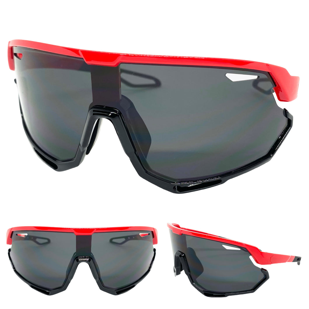 Oversized Retro Sporty Wrap Around Style SUNGLASSES Large Red Frame 80379