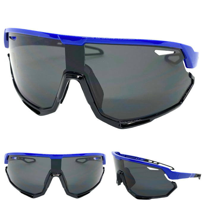Oversized Retro Sporty Wrap Around Style SUNGLASSES Large Blue Frame 80379