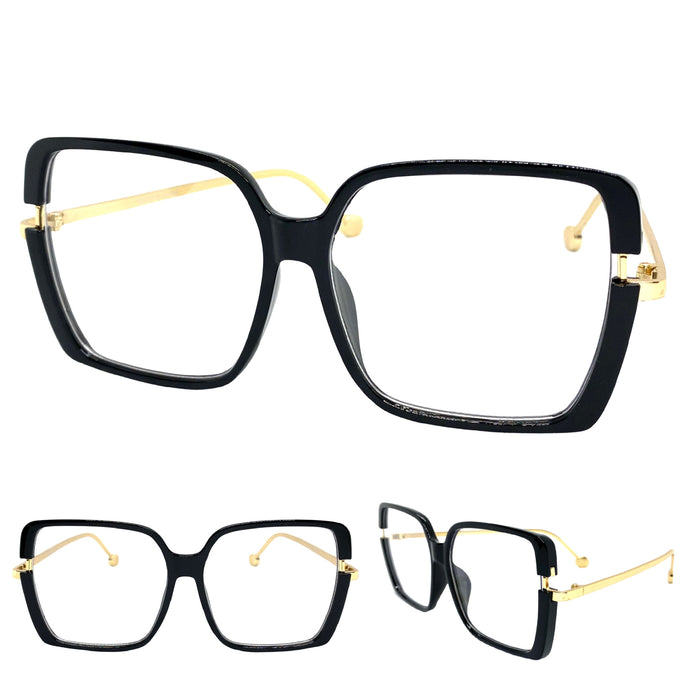 Classic Vintage Retro Style Clear Lens EYEGLASSES Square Black & Gold Frame 89380