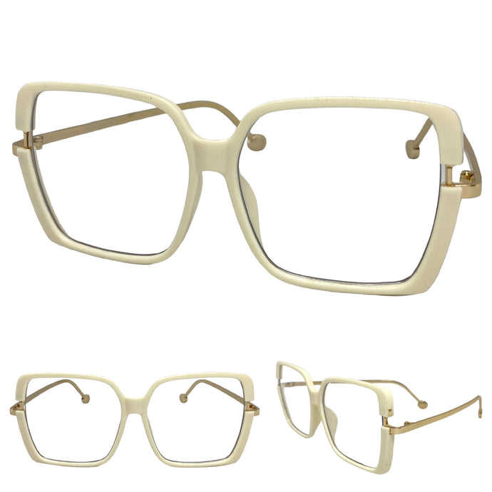 Classic Vintage Retro Style Clear Lens EYEGLASSES Square Cream & Gold Frame 89380